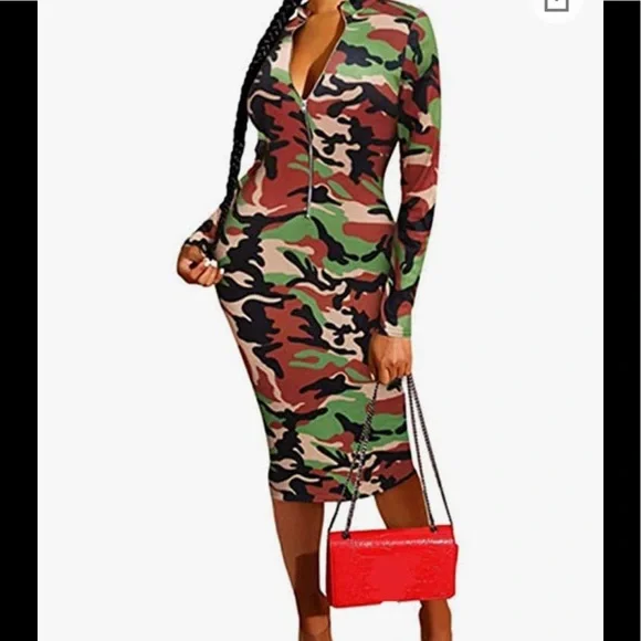 🎉3 For $20 Or $8 Each Camo Printed Zipper Neck Knit Bodycon Midi Dresses - Picture 2 of 9